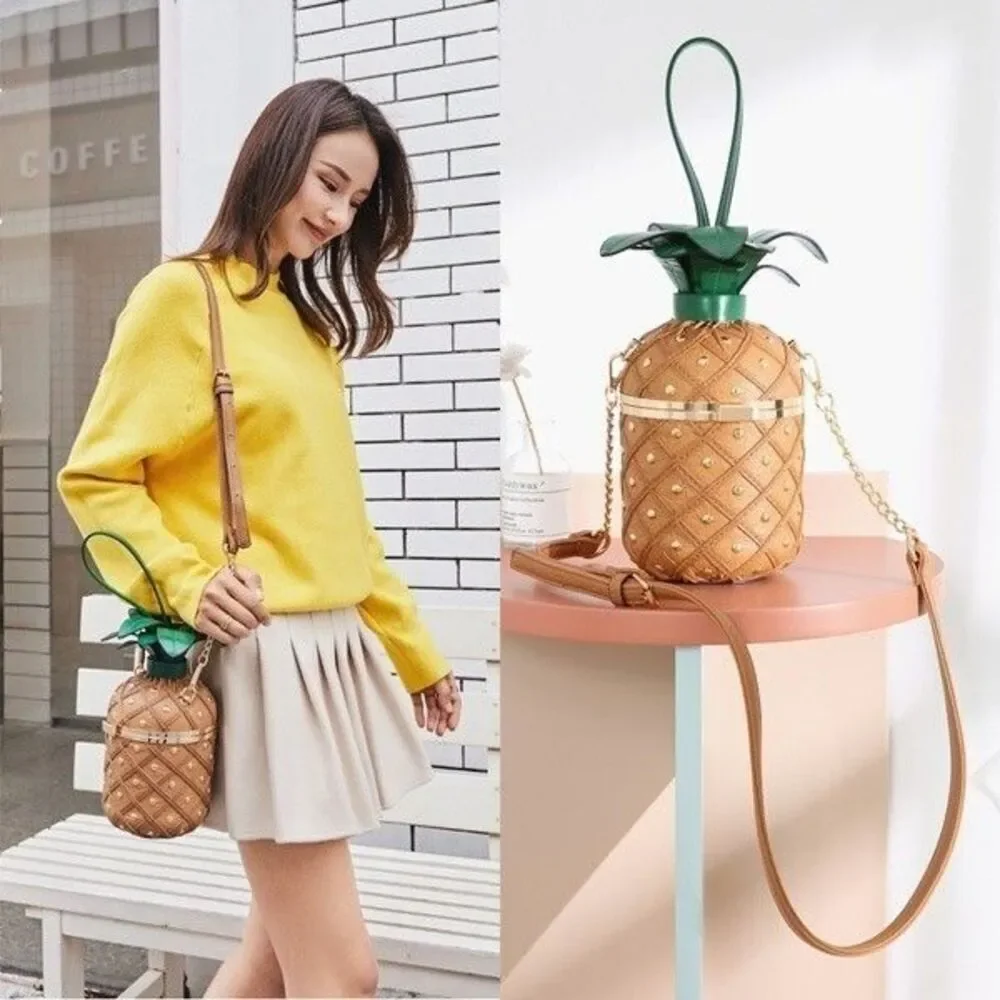 Women's Pineapple Purse Fruit Crossbody Bags With A  Long Chain Accent Strap